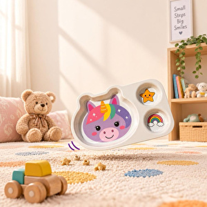 Wumboo 3 Bölmeli Hayvan Desenli Melamin Çocuk Tabağı-ekstra Dayanıklı Bpa Free Beslenme Tabağı- Unicorn