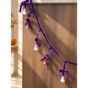 Beige & Stone 1 Metre Mor Fiyonklu Halloween Dekoratif Süs Zinciri – Hayalet Ve Çan Figürlü Cadılar Bayramı Asma Süsü görseli 2