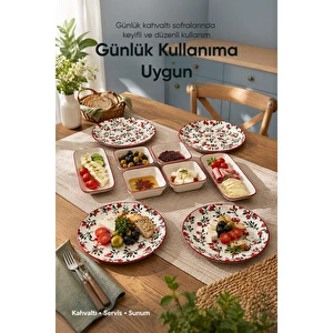 Vienev Nar Model 10 Parça Seramik Kahvaltı Takımı - Sofra Servis Seti, 4 Yuvarlak Tabak, 4 Kare Kase, 2 Oval Peynirlik görseli 3