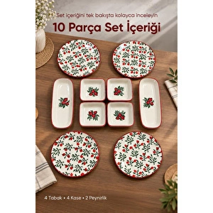 Vienev Nar Model 10 Parça Seramik Kahvaltı Takımı - Sofra Servis Seti, 4 Yuvarlak Tabak, 4 Kare Kase, 2 Oval Peynirlik görseli 2