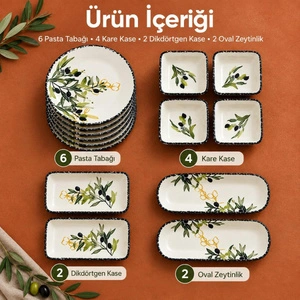 Vienev 14 Parça 6 Kişilik Zeytin Model Seramik Kahvaltı Takımı 6 Pasta Tabağı 4 Kare Kase 2 Dikdörtgen Kase 2 Oval Zeytinlik
