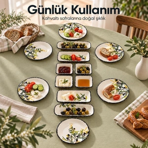 Vienev 14 Parça 6 Kişilik Zeytin Model Seramik Kahvaltı Takımı 6 Pasta Tabağı 4 Kare Kase 2 Dikdörtgen Kase 2 Oval Zeytinlik