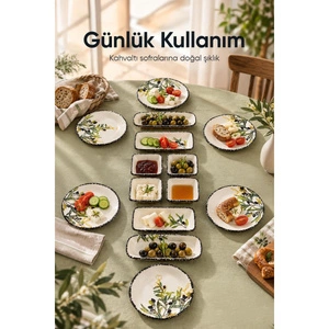 Vienev 14 Parça 6 Kişilik Zeytin Model Seramik Kahvaltı Takımı 6 Pasta Tabağı 4 Kare Kase 2 Dikdörtgen Kase 2 Oval Zeytinlik