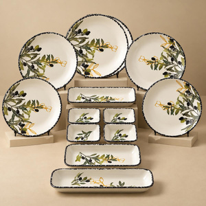 Vienev 14 Parça 6 Kişilik Zeytin Model Seramik Kahvaltı Takımı 6 Pasta Tabağı 4 Kare Kase 2 Dikdörtgen Kase 2 Oval Zeytinlik