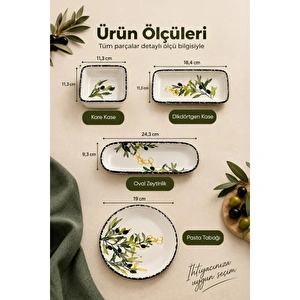 Vienev 14 Parça 6 Kişilik Zeytin Model Seramik Kahvaltı Takımı 6 Pasta Tabağı 4 Kare Kase 2 Dikdörtgen Kase 2 Oval Zeytinlik görseli 5