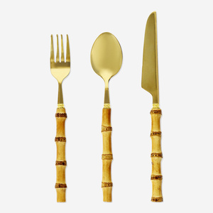 Flying Tiger Copenhagen 3 Parça Gold Bambu Saplı Çatal Kaşık Bıçak Seti görseli 1