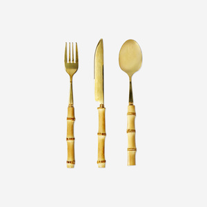 Flying Tiger Copenhagen 3 Parça Gold Bambu Saplı Çatal Kaşık Bıçak Seti görseli 4