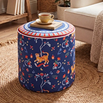 Baci Milano Dolce Far Niente Desenli Mavi Kadife Dokulu Puf Ø 45 cm; H 45 cm