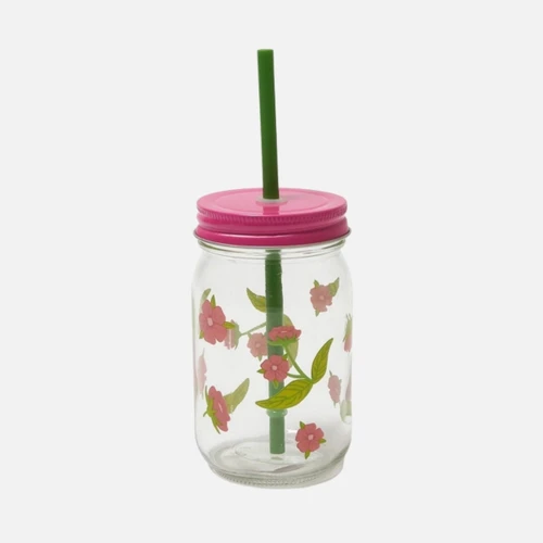 Flying Tiger Copenhagen Pembe Kiraz Çiçeği Desenli Pipetli Kavanoz Bardak