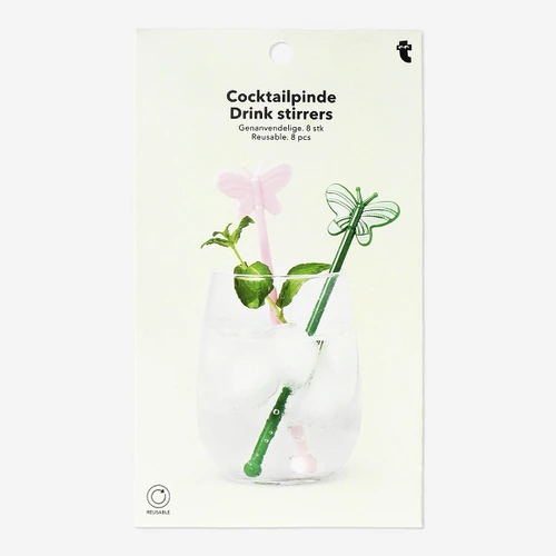Flying Tiger Copenhagen 8'li Pembe Kelebek Detaylı Plastik Kokteyl Karıştırıcı Seti