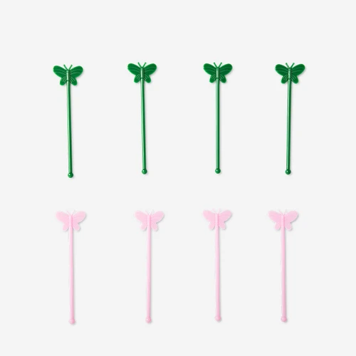 Flying Tiger Copenhagen 8'li Pembe Kelebek Detaylı Plastik Kokteyl Karıştırıcı Seti