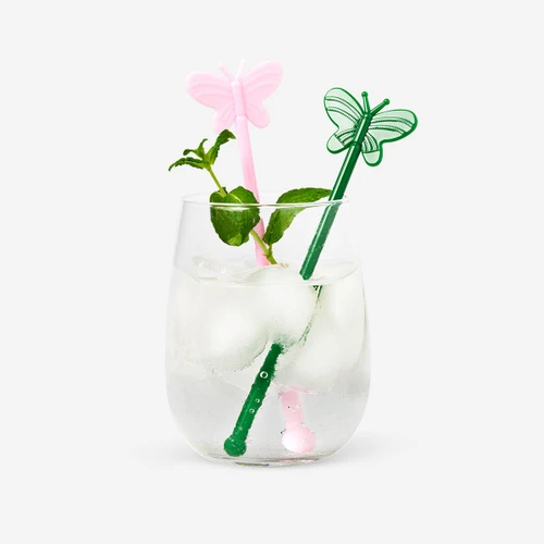 Flying Tiger Copenhagen 8'li Pembe Kelebek Detaylı Plastik Kokteyl Karıştırıcı Seti