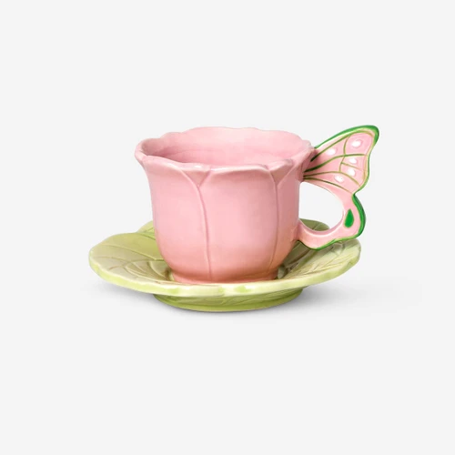 Flying Tiger Copenhagen Pembe Kelebek Detaylı Seramik Fincan Seti 110 ml