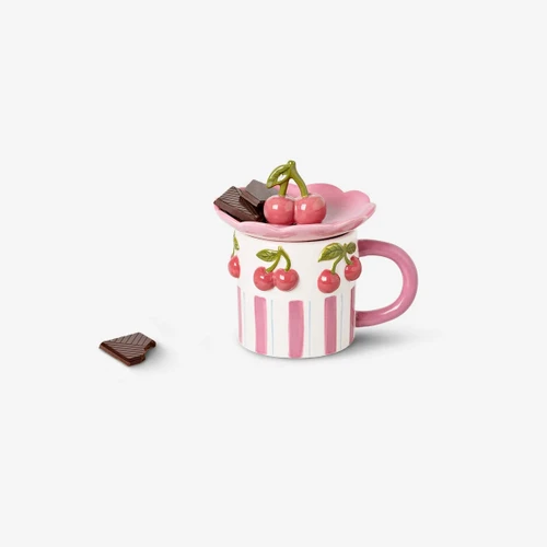 Flying Tiger Copenhagen Kiraz Desenli Pembe Kapaklı Seramik Kupa