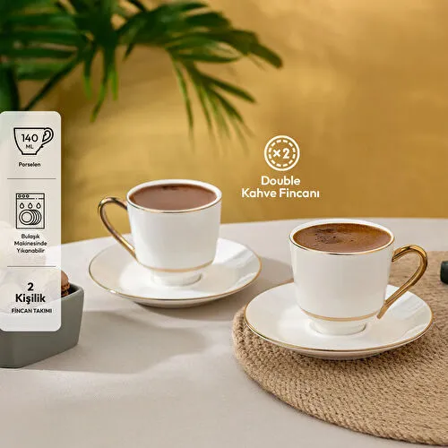 İstanbul Porselen Semin 2 Kişilik Double Kahve Fincan Takımı Gold 140 ml
