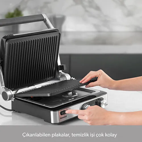 Homend Grilliant 1340H 4 Dilim Kapasiteli Gövde Alt ve Üst Sıcaklığı Ayrı Kontrol Edilebilen Döküm Plakalı Tost ve Izgara Makinesi Inox 2000W