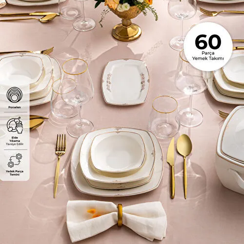 Emsan Bone Yeni Mimoza 12 Kişilik Yemek Takımı 60 Parça Yarım Kare Emsan Bone Yeni Mimoza 12 Kişilik Yemek Takımı 60 Parça Yarım Kare