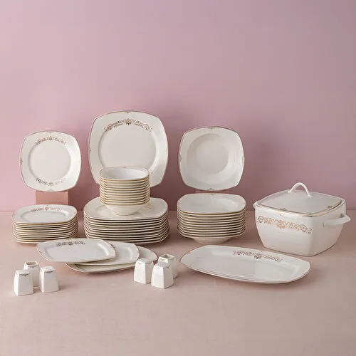 Emsan Bone Yeni Mimoza 12 Kişilik Yemek Takımı 60 Parça Yarım Kare