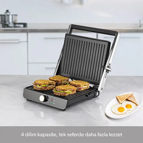 Homend Grilliant 1346H 4 Dilim Kapasiteli Gövdeli Döküm Plakalı Tost ve Izgara Makinesi Inox 2000W