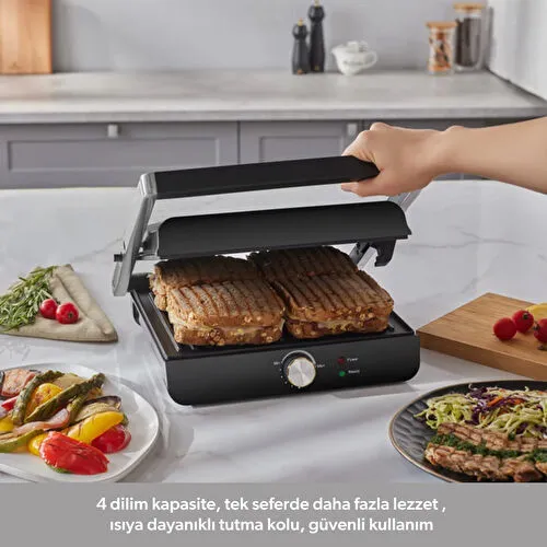 Homend Grilliant 1346H 4 Dilim Kapasiteli Gövdeli Döküm Plakalı Tost ve Izgara Makinesi Inox 2000W