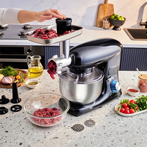 Karaca Multichef Kıyma Çekme /Sucuk-Sosis/İçli Köfte Aparatlı Hamur Yoğurma Makinesi Shiny Black 1900W 5,5L Karaca Multichef Kıyma Çekme /Sucuk-Sosis/İçli Köfte Aparatlı Hamur Yoğurma Makinesi Shiny Black 1900W 5,5L