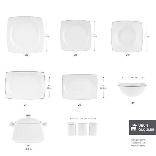 Karaca Square Bone Talia 60 Parça 12 Kişilik Yemek Takımı Platin