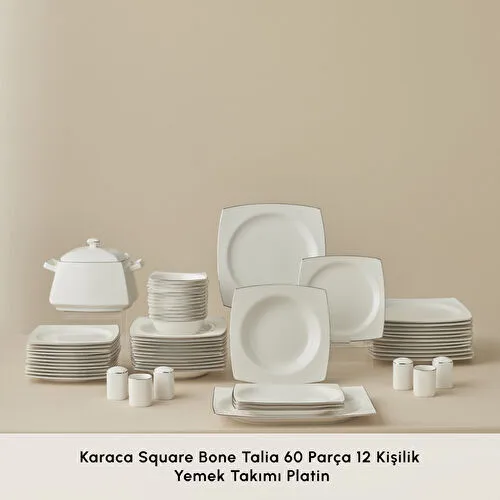 Karaca Square Bone Talia 60 Parça 12 Kişilik Yemek Takımı Platin