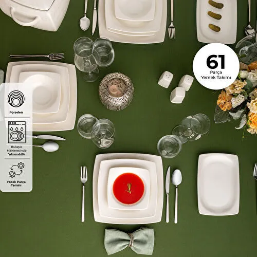 Emsan Fine Bone Meyra 61 Parça 12 Kişilik Kare Yemek Takımı