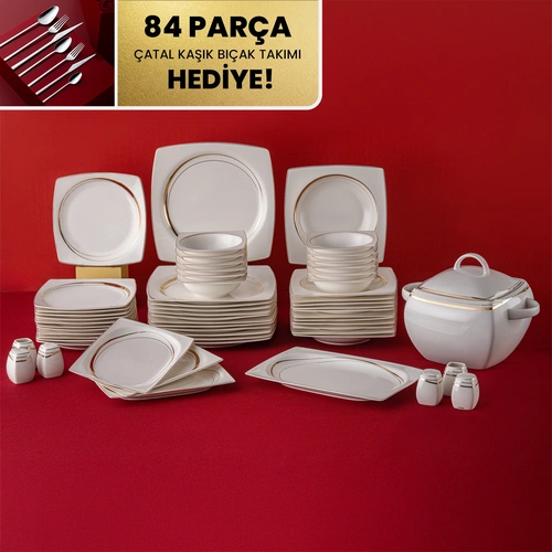 Emsan Fine Bone Hale 60 Parça 12 Kişilik Kare Yemek Takımı Gold