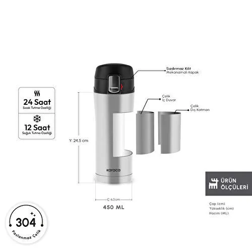 Karaca Pluton Çelik Sızdırmaz Termos Inox 450 ml