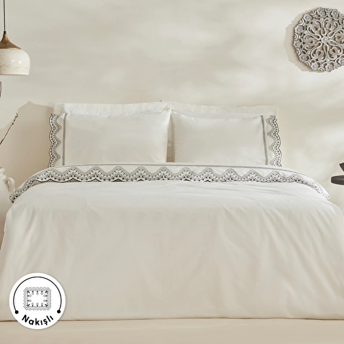 Karaca Home Orvin %100 Pamuk Çift Kişilik Nakışlı Nevresim Takımı Beyaz