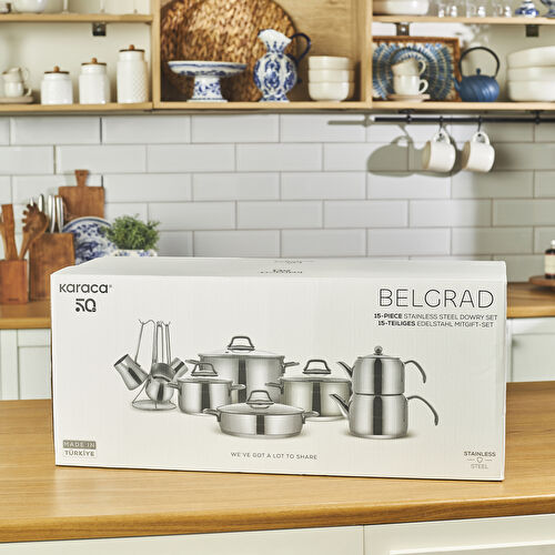 Karaca Belgrad İndüksiyon Tabanlı 15 Parça Çelik Çeyiz Seti Karaca Belgrad İndüksiyon Tabanlı 15 Parça Çelik Çeyiz Seti