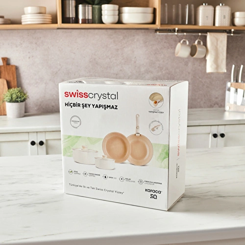 Karaca x Refika Swiss Crystal Almond Cream Easy Clip 7 Parça Tencere ve Tava Seti Karaca x Refika Swiss Crystal Almond Cream Easy Clip 7 Parça Tencere ve Tava Seti