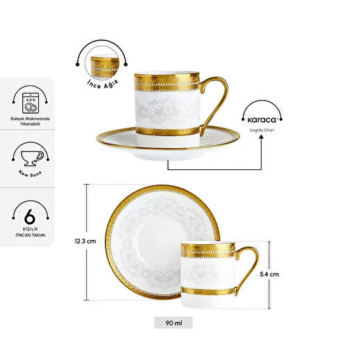 Karaca Royal Bone Charlotte 6 Kişilik Kahve Fincan Takımı 90 ml Karaca Royal Bone Charlotte 6 Kişilik Kahve Fincan Takımı 90 ml