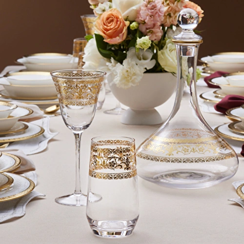 Karaca Royal Bone Victoria 25 Parça Bardak Kadeh ve Karaf Seti Gold