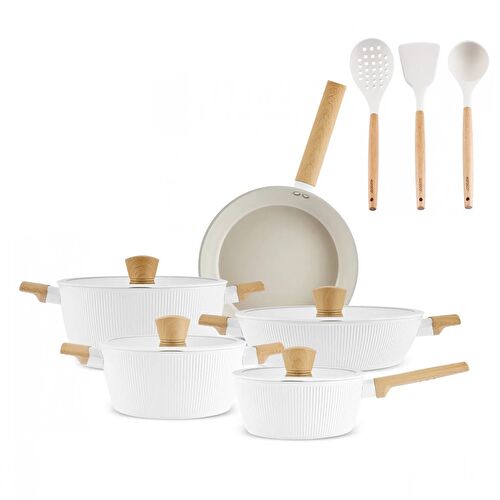 Karaca x Refika Swiss Crystal Pureline İndüksiyon Tabanlı 12 Parça Tencere Seti Almond Cream Karaca x Refika Swiss Crystal Pureline İndüksiyon Tabanlı 12 Parça Tencere Seti Almond Cream