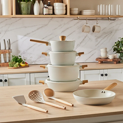 Karaca x Refika Swiss Crystal Pureline İndüksiyon Tabanlı 12 Parça Tencere Seti Almond Cream