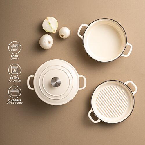 Emsan Fortino Cast Döküm Tencere Seti Krem 4 Parça 22 cm