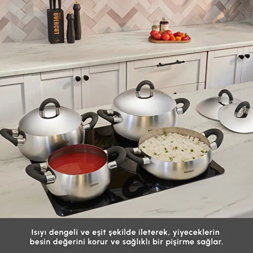 Karaca Fuji 316+ İndüksiyon Tabanlı 8 Parça Çelik Tencere Seti Karaca Fuji 316+ İndüksiyon Tabanlı 8 Parça Çelik Tencere Seti