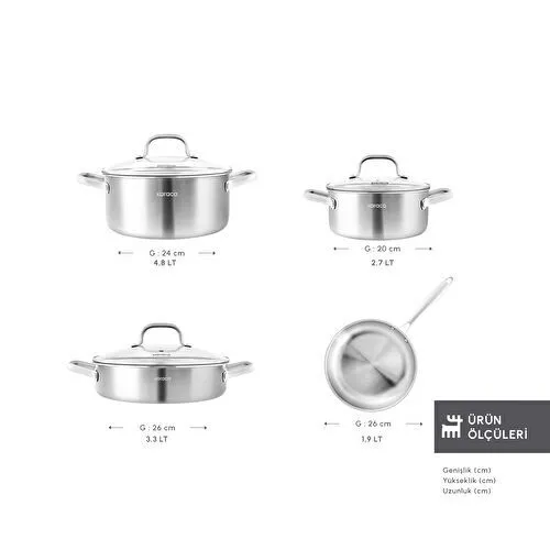 Karaca Power Steel 316+ 3Ply Akita İndüksiyon Tabanlı 7 Parça Çelik Tencere Seti