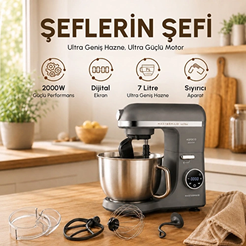 Karaca Mastermaid Chef Ultra D2000W Dijital Ekranlı Hamur Yoğurma Makinesi Galaxy Grey 7L