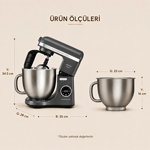 Karaca Mastermaid Chef Ultra D2000W Dijital Ekranlı Hamur Yoğurma Makinesi Galaxy Grey 7L