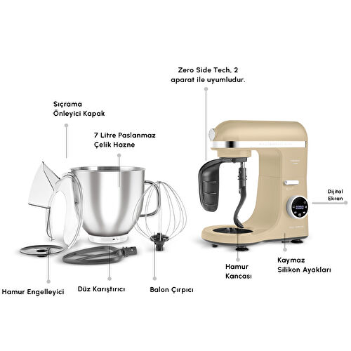 Karaca Mastermaid Chef Ultra D2000W Dijital Ekranlı Hamur Yoğurma Makinesi Mineral Gold 7L