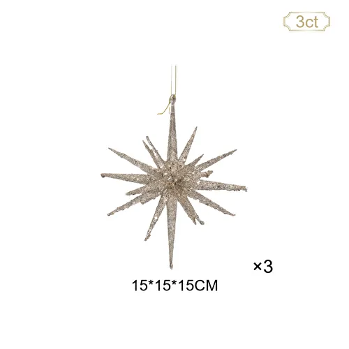 Karaca Home New Year Yılbaşı Glitter Star 3 Adet Ağaç Süsü Seti Gold 15x15x15 cm