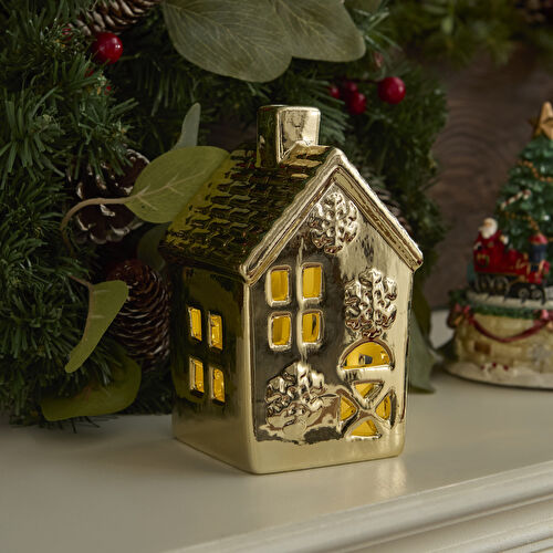 Karaca Home New Year Yılbaşı Gold House Ledli Dekoratif Obje 8,5 x 8,3 x 14,4 cm