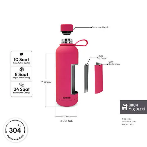 Karaca Aly Soft Touch Çelik Sızdırmaz Termos 500 ml Pembe