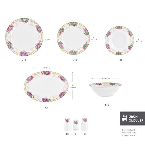 Karaca Forever Bone Gülizar 53 Parça 12 Kişilik Yemek Takımı