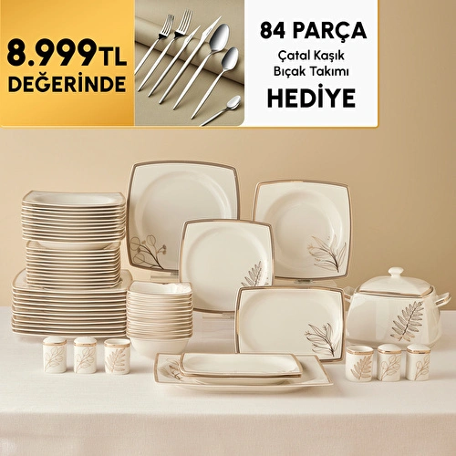 Karaca Square Bone Hazel 60 Parça 12 Kişilik Kare Yemek Takımı