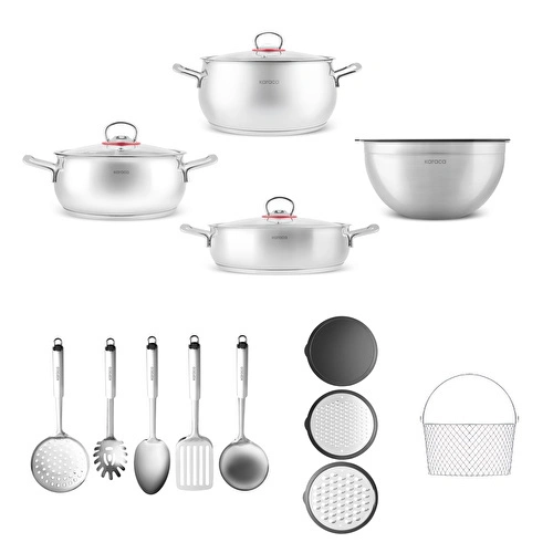 Karaca Karıştır-Pişir-Sakla 18 Parça Karıştırma Kabı ve Servis Gereçli Çelik Çeyiz Tencere Seti
