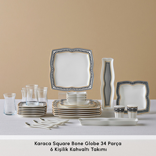 Karaca Square Bone Globe Kare 34 Parça 6 Kişilik Kahvaltı Seti